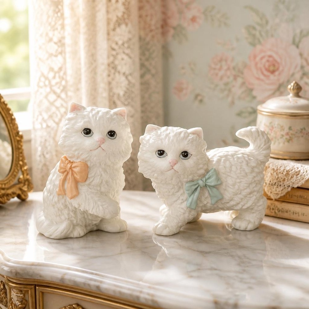Porcelain Figurines Homco White Persian Kittens with Bows #1428 Cats Pair